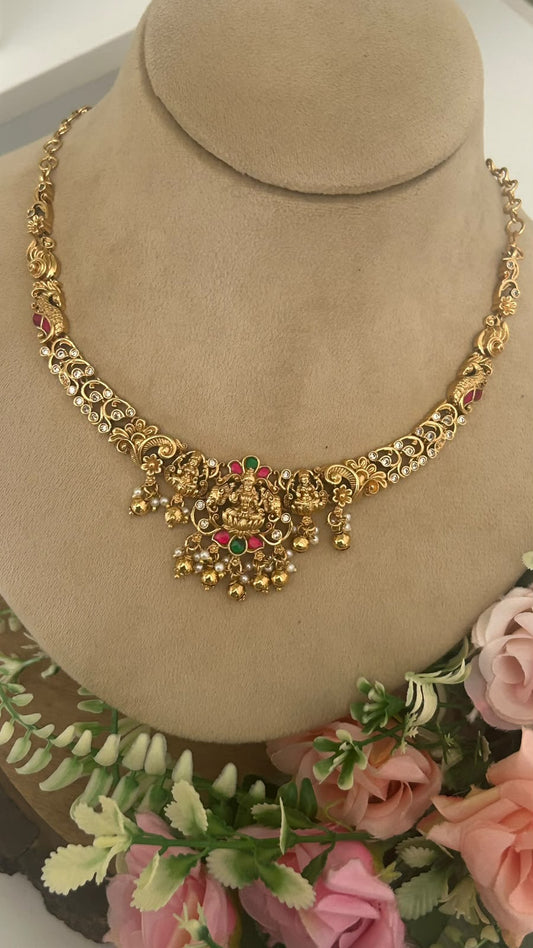 Royal Antique Gold-Tone Lakshmi Devi Temple Jewellery Necklace Set with Ruby Green Stones, Pearl Ghungroo Drops & Matching Jhumka Earrings for Women