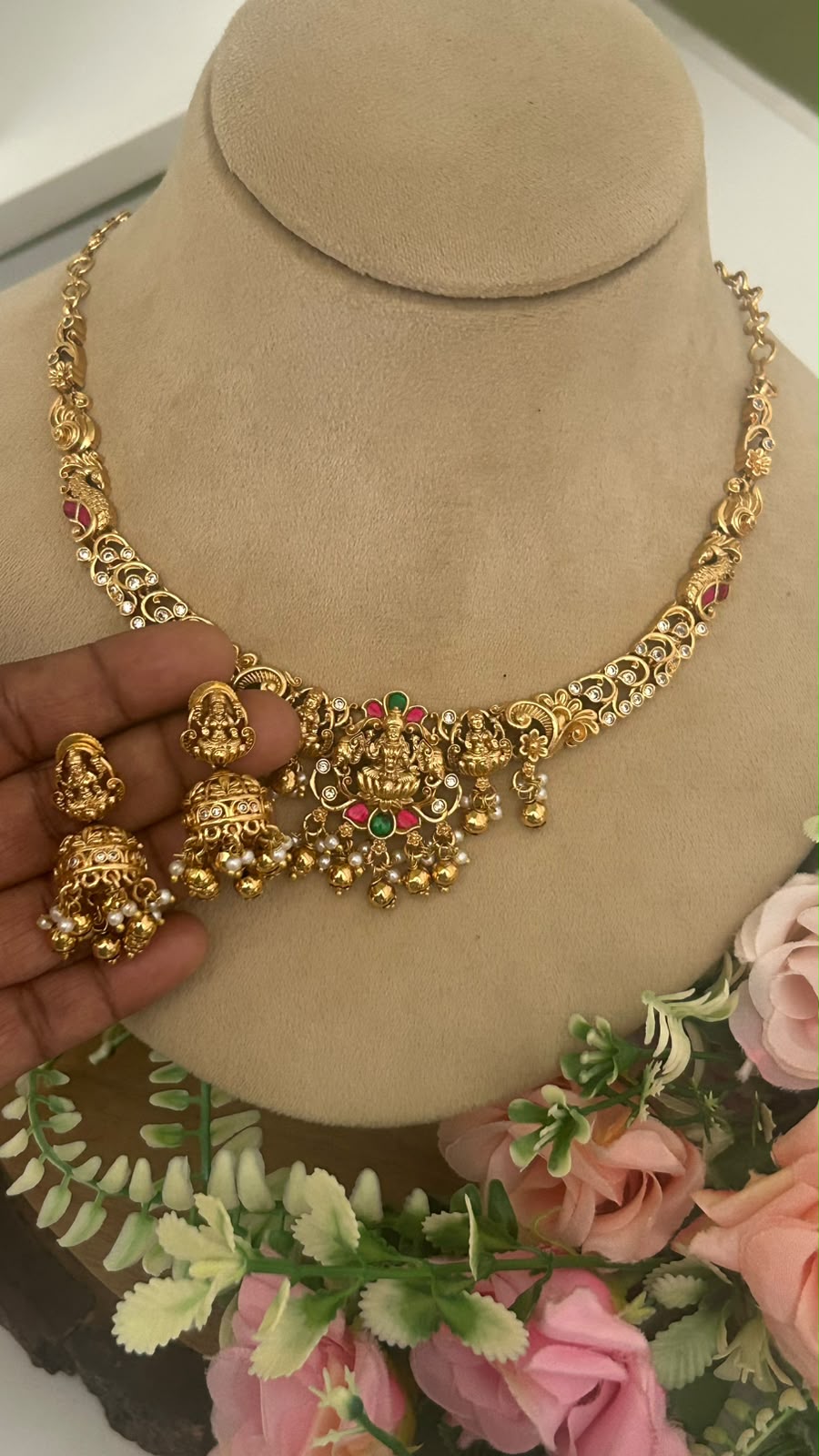 Royal Antique Gold-Tone Lakshmi Devi Temple Jewellery Necklace Set with Ruby Green Stones, Pearl Ghungroo Drops & Matching Jhumka Earrings for Women