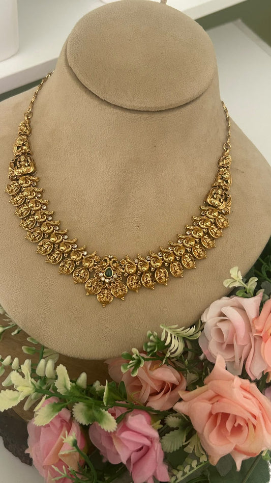 Maharani Elegance Antique Gold-Tone Lakshmi Coin Choker Set with Emerald Green Accents & Statement Peacock Earrings