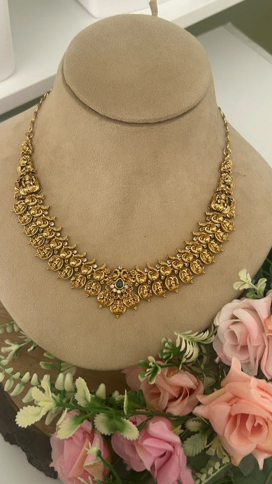 Maharani Elegance Antique Gold-Tone Lakshmi Coin Choker Set with Emerald Green Accents & Statement Peacock Earrings