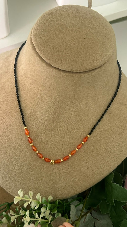 Trendy Minimalist Black Beads Mangalsutra Chain with Amber Orange Crystal Beads & Gold-Tone Accents for Women