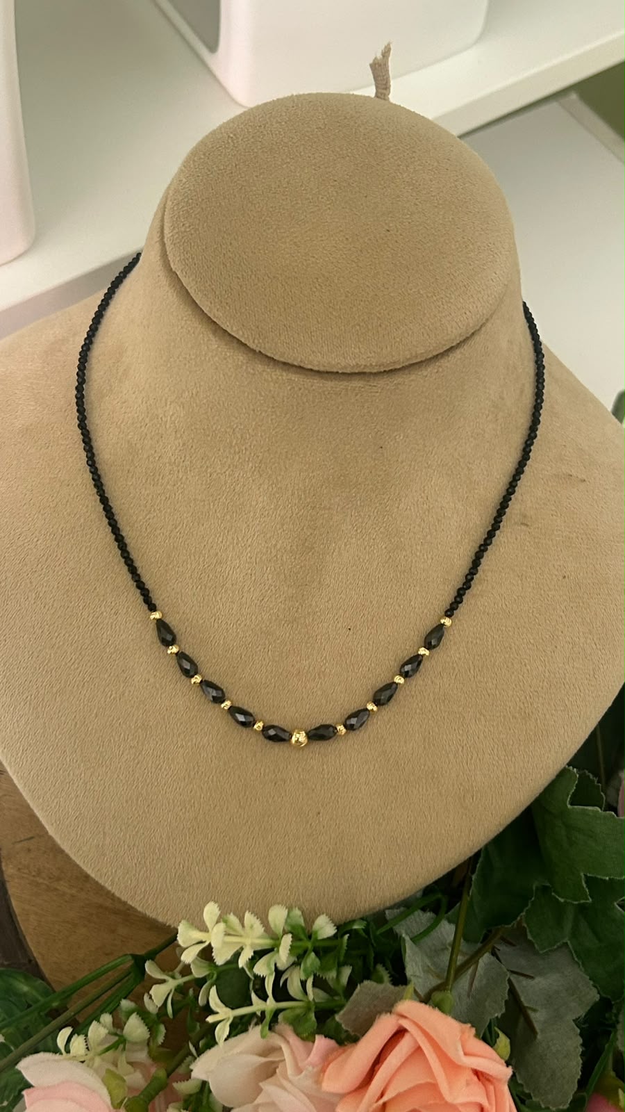 Trendy Single-Line Black Beads Mangalsutra Necklace with Faceted Black Crystal Beads & Gold-Tone Spacers – Minimalist Daily Wear Jewellery for Women
