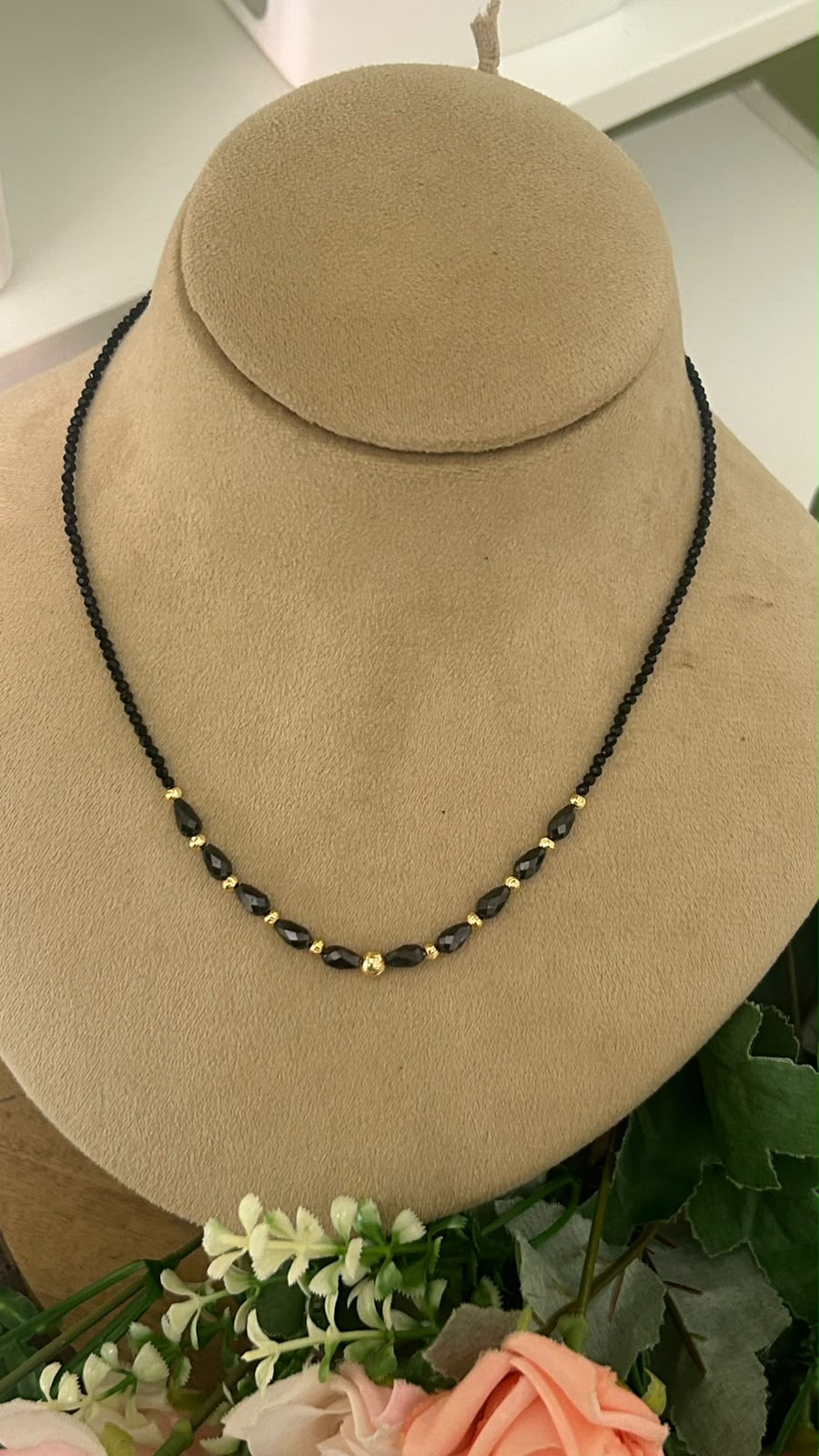 Trendy Single-Line Black Beads Mangalsutra Necklace with Faceted Black Crystal Beads & Gold-Tone Spacers – Minimalist Daily Wear Jewellery for Women