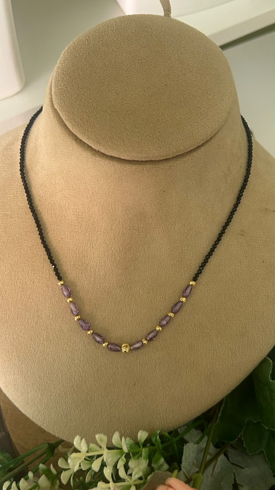 Elegant Single-Line Black Beads Mangalsutra Necklace with Lavender Purple Crystal Beads & Gold-Tone Accents – Trendy Daily Wear Jewellery for Women
