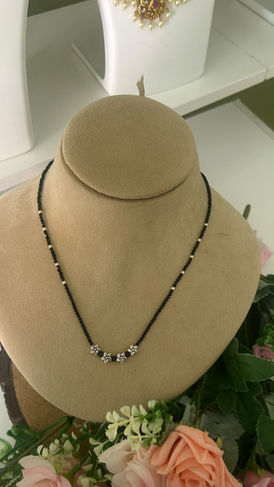 Trendy Single-Line Black Beads Mangalsutra Necklace with Oxidised Silver Floral Charms & Silver-Tone Accents – Elegant Minimalist Daily Wear Jewellery for Women