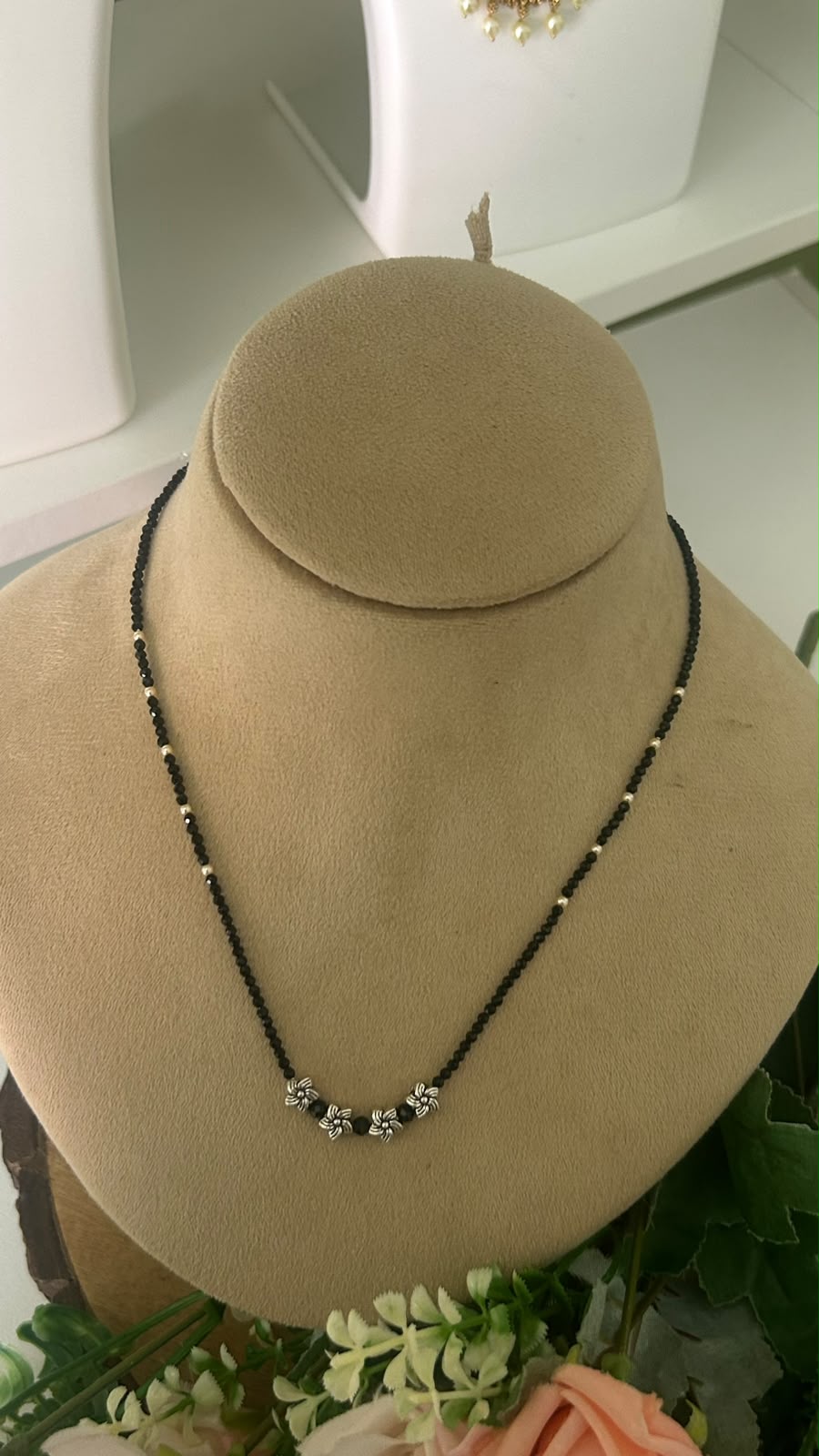 Trendy Single-Line Black Beads Mangalsutra Necklace with Oxidised Silver Floral Charms & Silver-Tone Accents – Elegant Minimalist Daily Wear Jewellery for Women