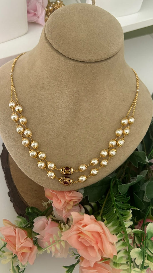 Elegant Double Layer Golden Pearl Beads Necklace with RED Stone Designer Accents for Women