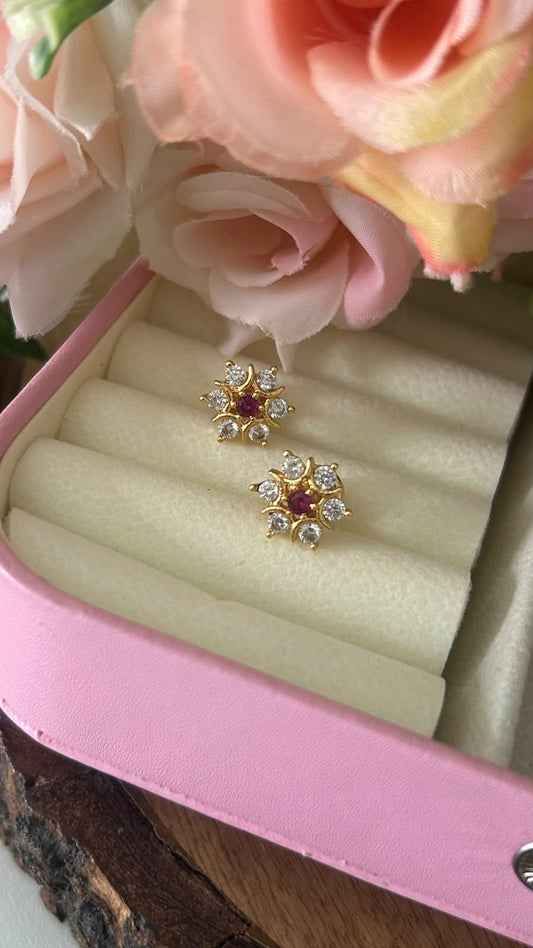 Ruby Star Floral Panchaloham Gold Polished Stud Earrings with White AD Stones for Women