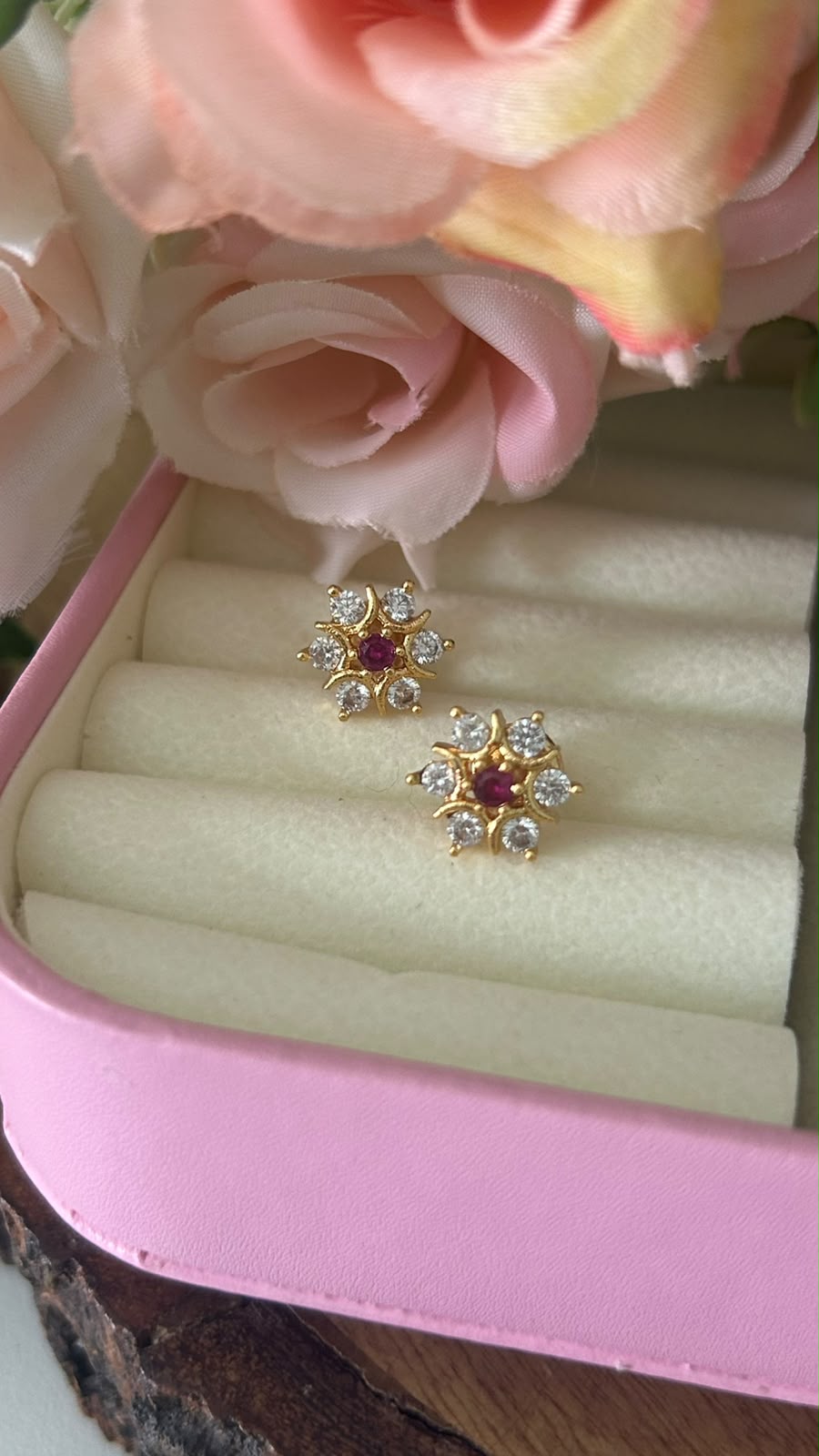 Ruby Star Floral Panchaloham Gold Polished Stud Earrings with White AD Stones for Women