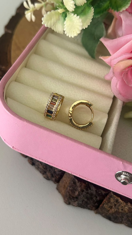 Elegant Rainbow Multicolor CZ Stone Gold Finish Bali Hoop Earrings for Women