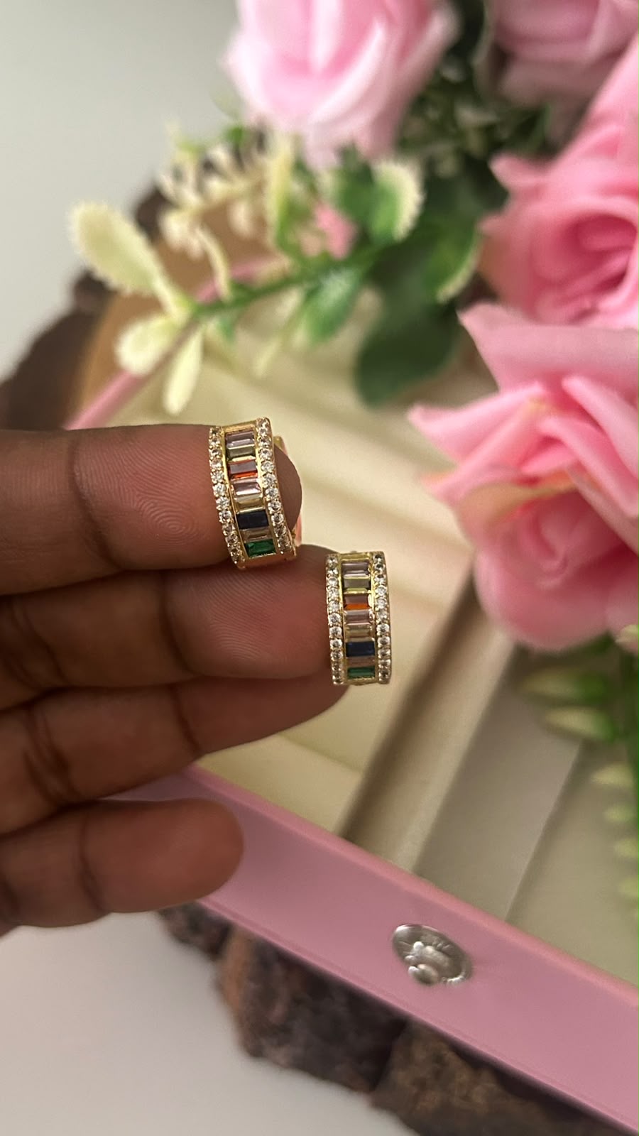 Elegant Rainbow Multicolor CZ Stone Gold Finish Bali Hoop Earrings for Women