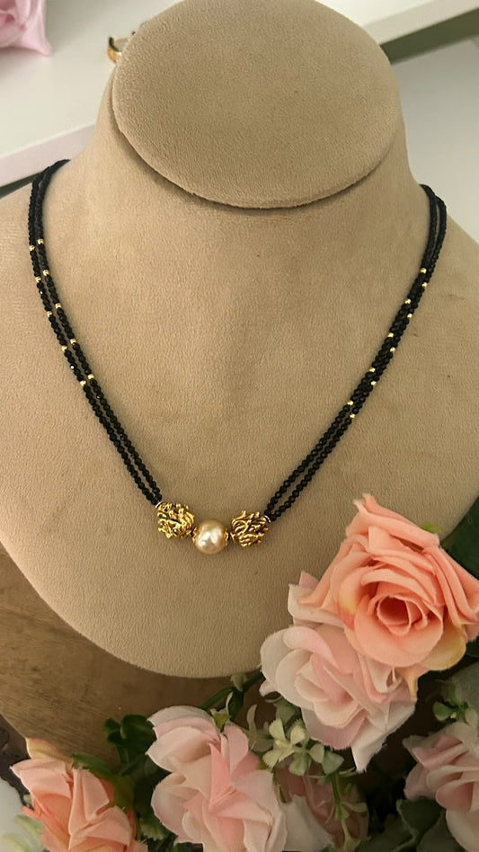 Elegant Double Layer Black Beads Mangalsutra Necklace with Golden Pearl & Antique Gold Designer Beads for Women