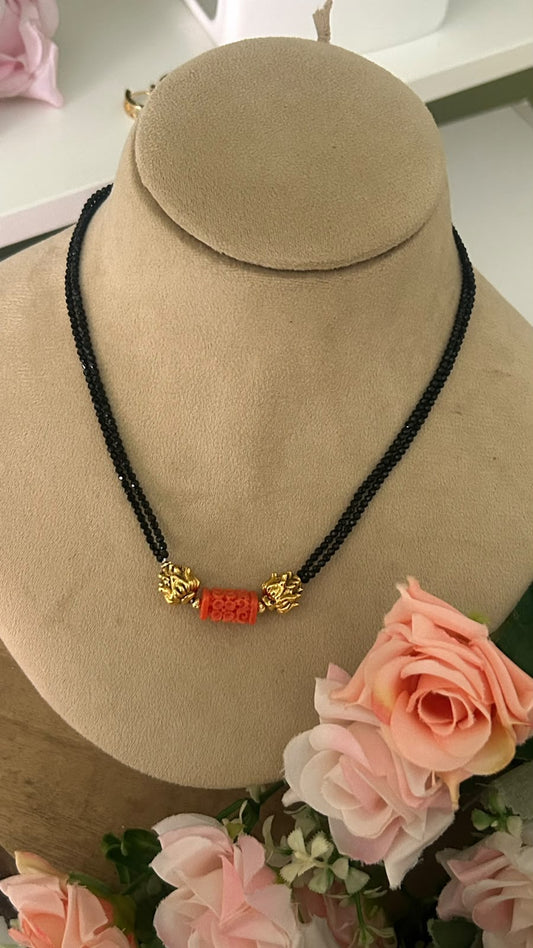 Traditional Double Layer Black Beads Mangalsutra Necklace with Red Carved Coral Bead & Antique Gold Nakshi Balls for Women