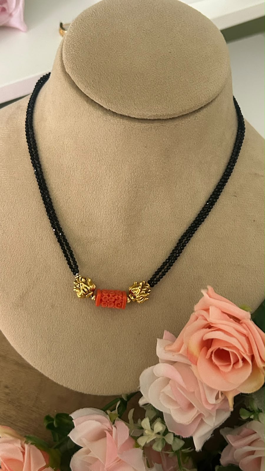 Traditional Double Layer Black Beads Mangalsutra Necklace with Red Carved Coral Bead & Antique Gold Nakshi Balls for Women