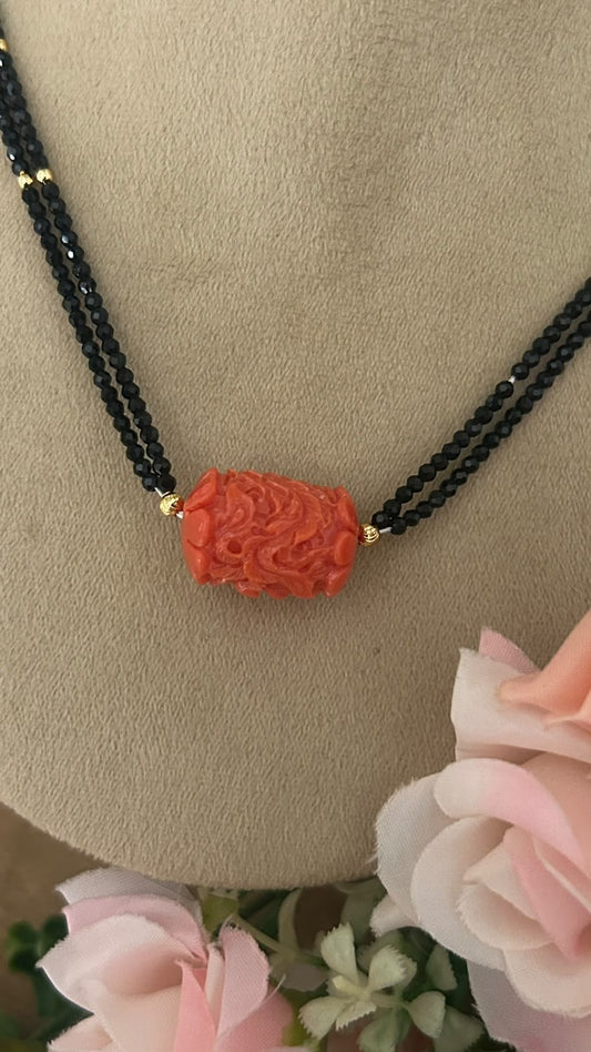 Royal Red Carved Big Coral Bead Double Layer Black Beads Mangalsutra Necklace with Gold Accents for Women