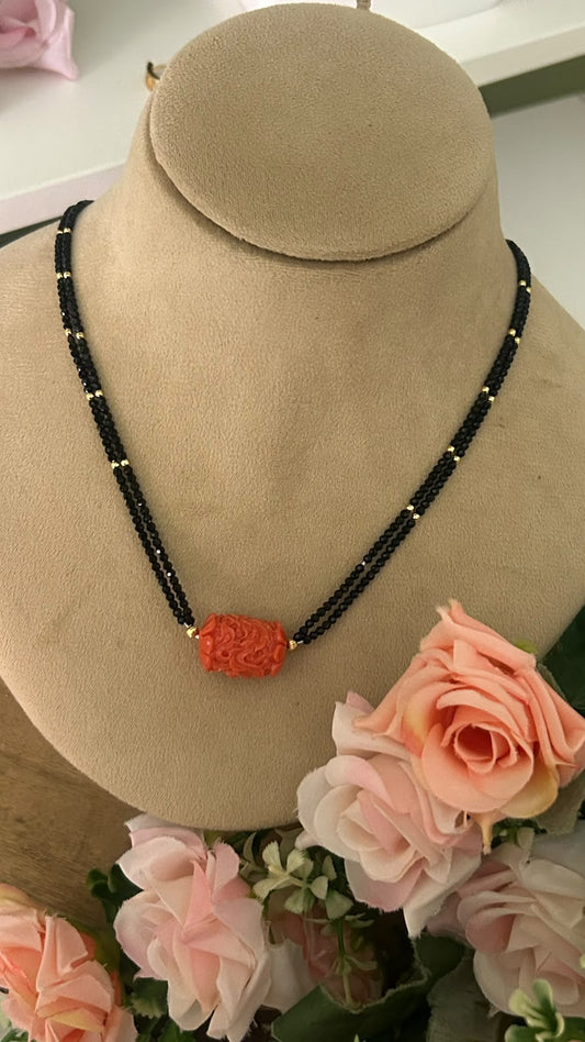 Royal Red Carved Big Coral Bead Double Layer Black Beads Mangalsutra Necklace with Gold Accents for Women