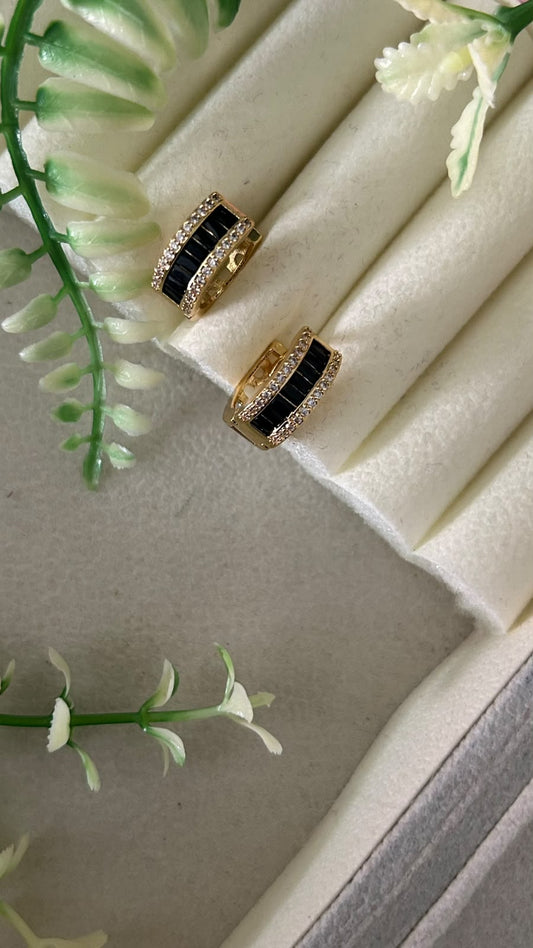 Trendy Gold Polished Black Baguette CZ Stone Bali Hoop Earrings with White Crystal Borders for Women
