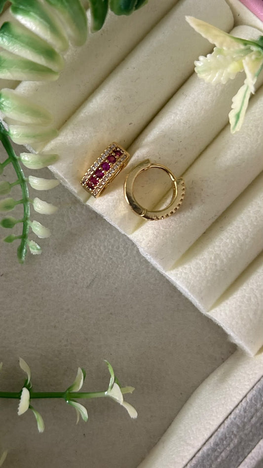 Elegant Gold Polished Ruby Pink CZ Stone Bali Hoop Earrings with Sparkling White Stone Borders for Women