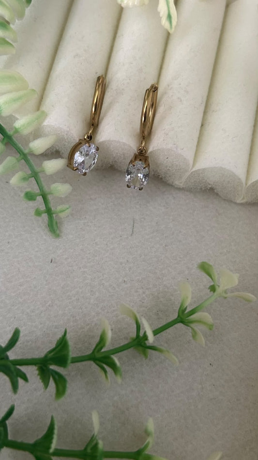 Elegant Gold Polished Oval Solitaire CZ Stone Drop Bali Hoop Earrings for Women