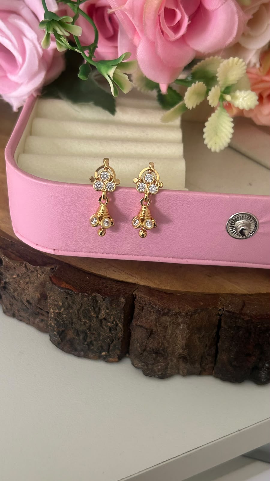 Traditional Panchaloham Gold Polished CZ Stone Floral Stud Earrings with Mini Jhumka Drops for Women