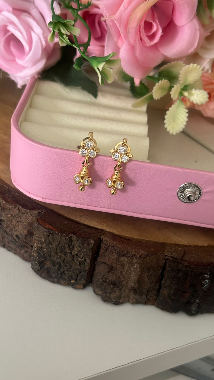 Traditional Panchaloham Gold Polished CZ Stone Floral Stud Earrings with Mini Jhumka Drops for Women