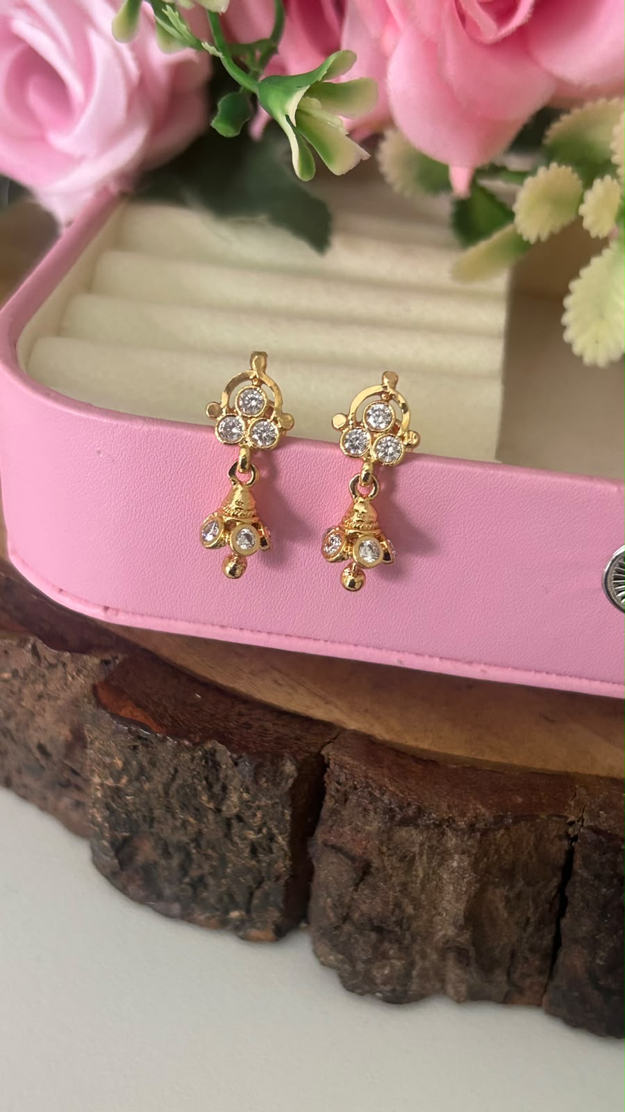 Traditional Panchaloham Gold Polished CZ Stone Floral Stud Earrings with Mini Jhumka Drops for Women