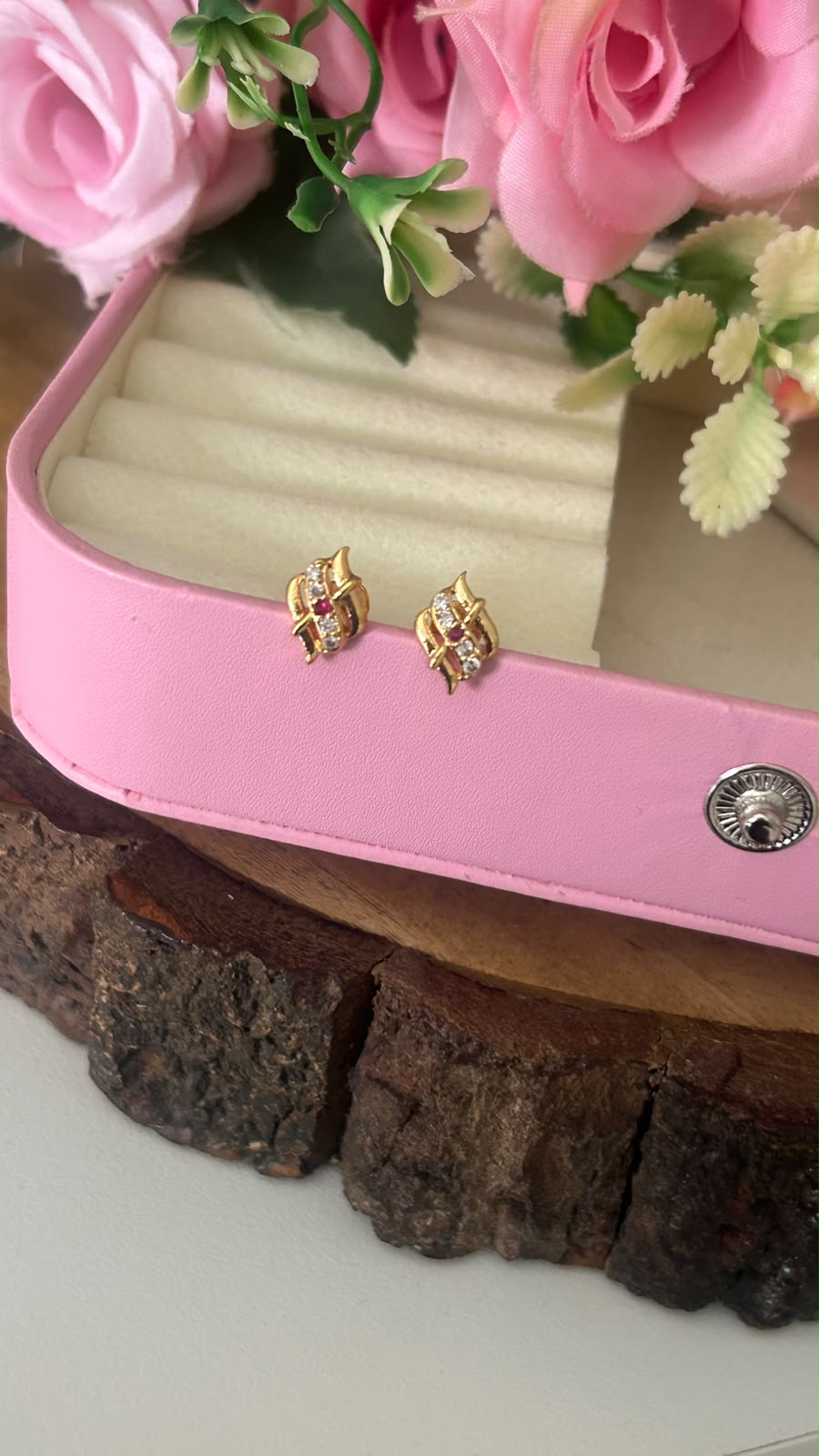 Elegant Panchaloham Gold Polished Ruby & White Stone Twisted Leaf Design Stud Earrings for Women