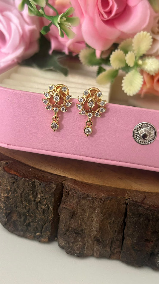 Elegant Panchaloham Gold Polished White Stone Peacock Motif Stud Earrings with Single Stone Drop for Women