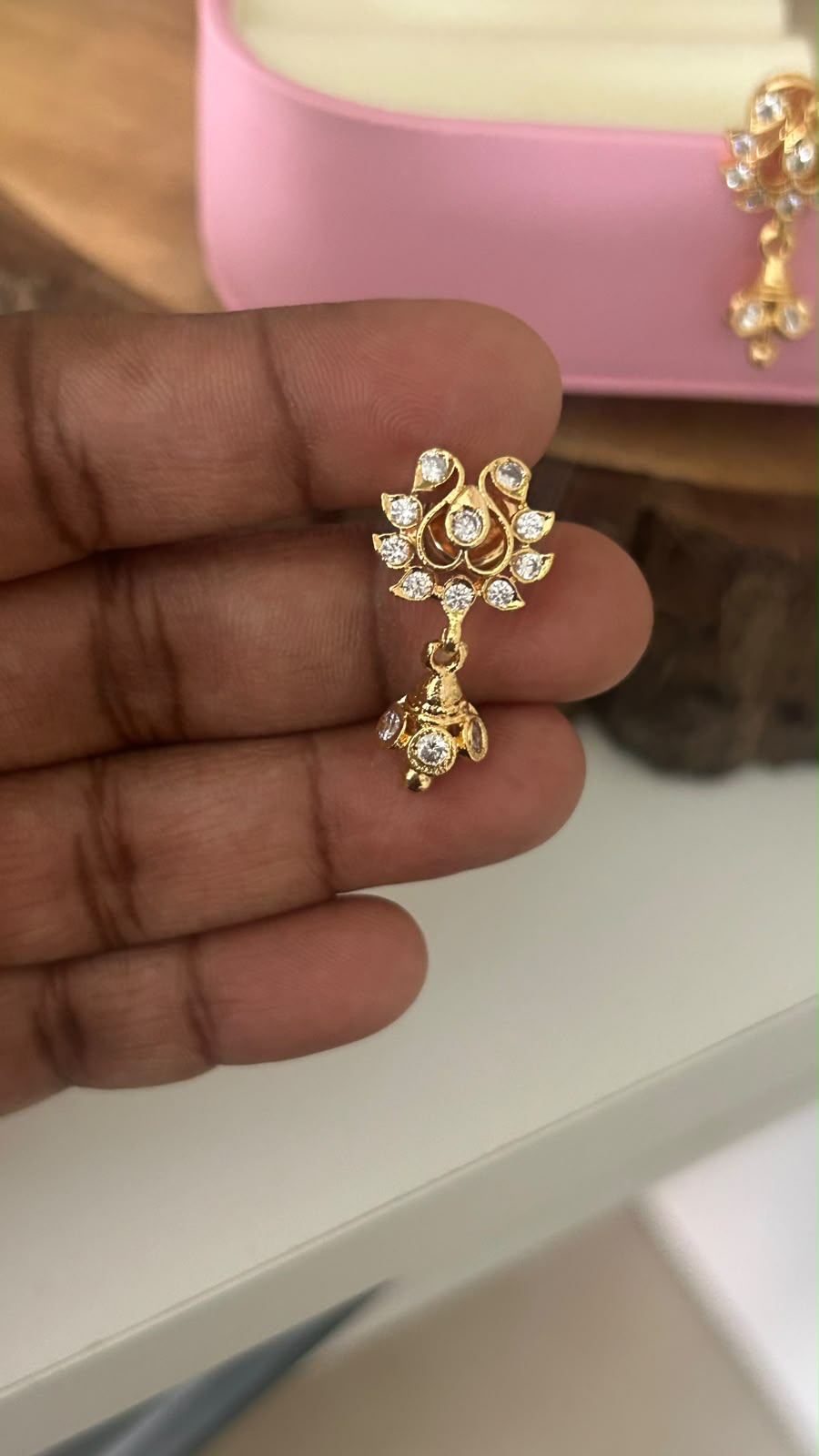 Elegant Panchaloham Gold Polished White Stone Peacock Motif Stud Earrings with Single Stone jhumka for Women