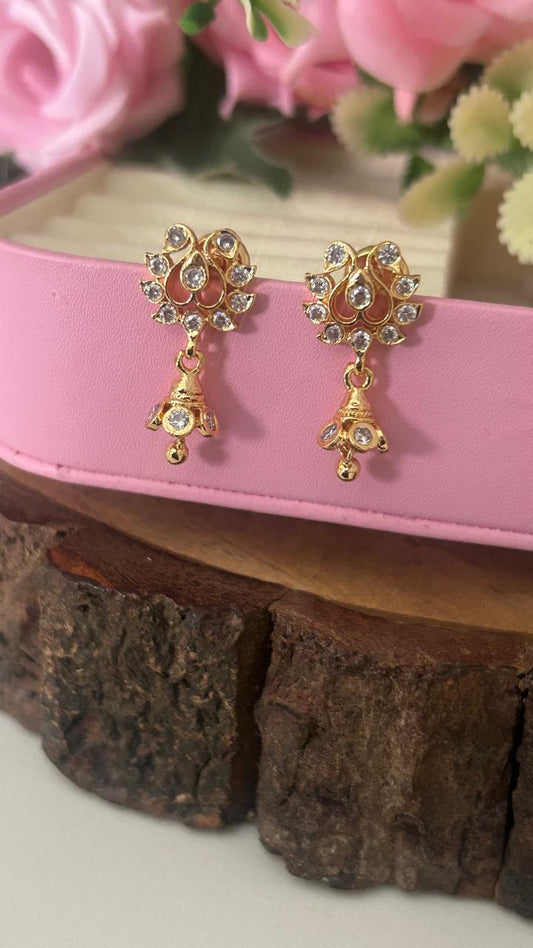 Elegant Panchaloham Gold Polished White Stone Peacock Motif Stud Earrings with Single Stone jhumka for Women