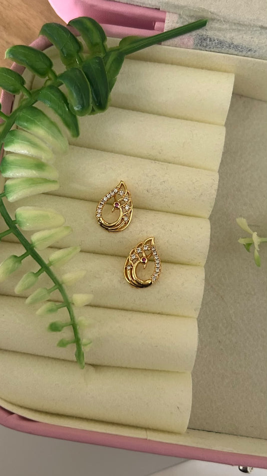Elegant Gold Polished Peacock Paisley Design CZ Stone Stud Earrings with Ruby Pink Accents for Women