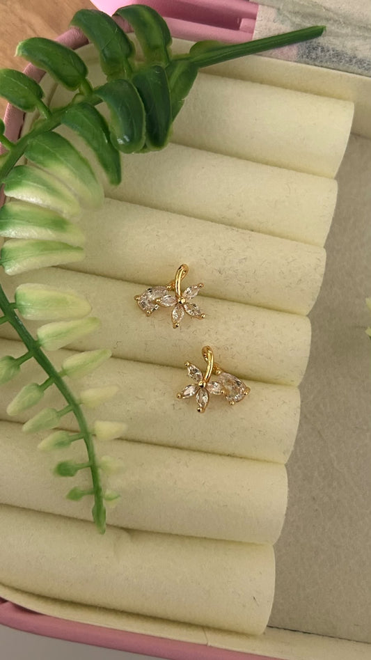 Elegant Gold Polished Butterfly Floral Design Marquise CZ Stone Stud Earrings for Women