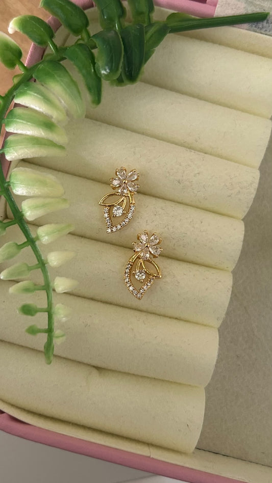 Elegant Gold Polished Floral Leaf Design CZ Stone Stud Earrings with Sparkling White Stones for Women