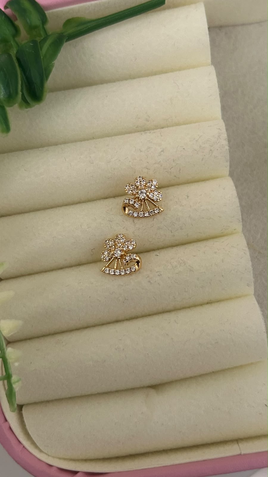 Elegant Gold Polished Five Petal Floral CZ Stone Stud Earrings with Sparkling Crescent Design for Women