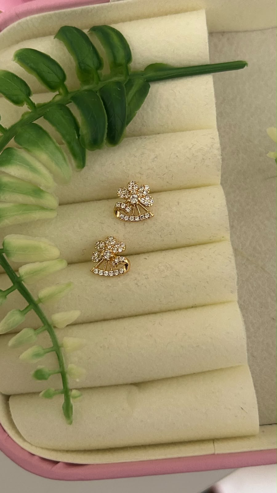 Elegant Gold Polished Five Petal Floral CZ Stone Stud Earrings with Sparkling Crescent Design for Women
