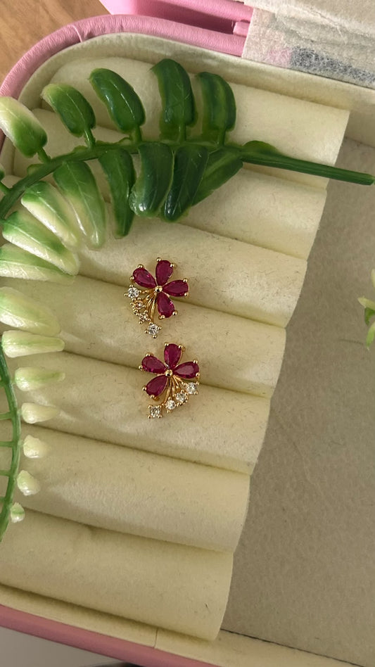 Elegant Gold Polished Ruby Pink Four Petal Floral CZ Stone Stud Earrings with Sparkling White Stone Accents for Women