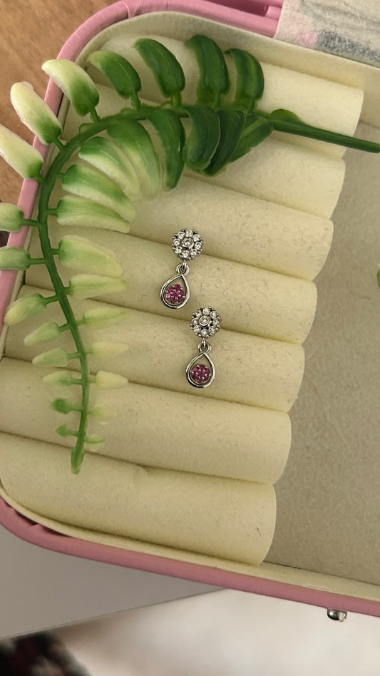 Elegant Silver Polished Floral CZ Stone Stud Earrings with Ruby Pink Teardrop Dangles for Women