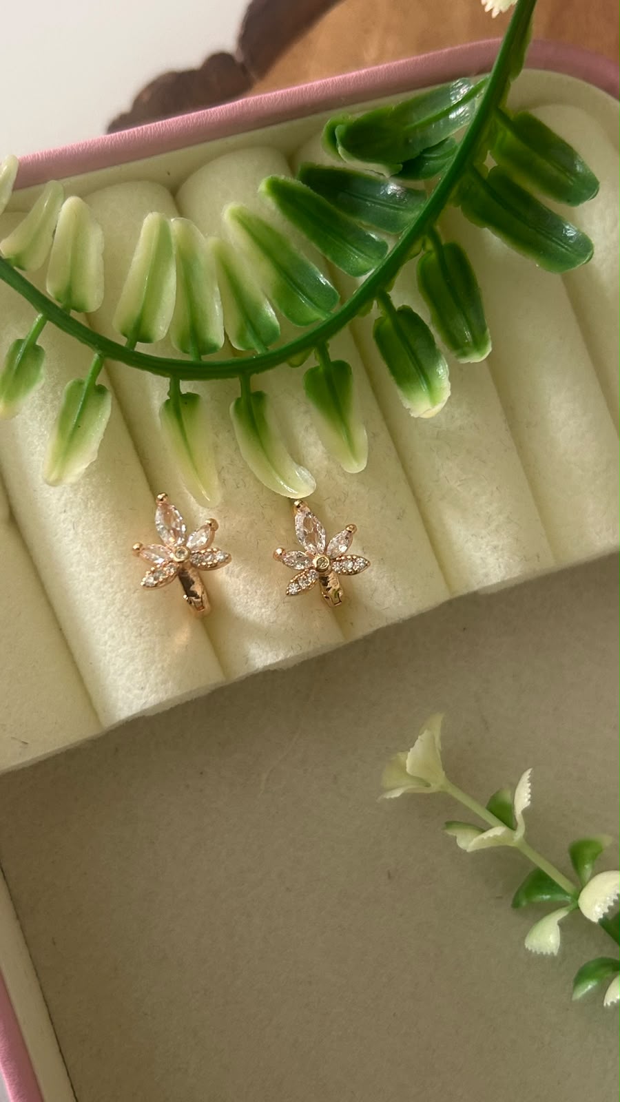 Elegant Rose Gold Polished Six Petal Floral CZ Stone Bali Hoop Earrings for Women