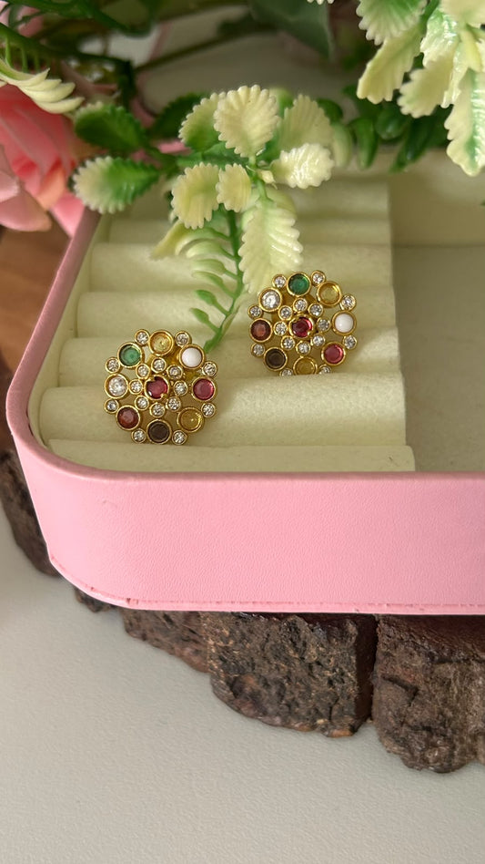 Traditional Navratna Multicolor Stone Round Floral Stud Earrings with Pushback for Women