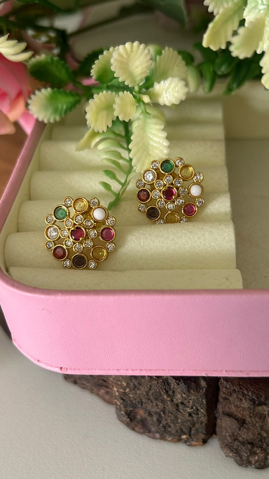 Traditional Navratna Multicolor Stone Round Floral Stud Earrings with Pushback for Women