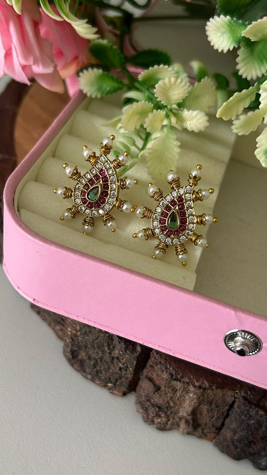 Traditional Kundan Ruby & Emerald Stone Paisley Stud Earrings with Pearl Accents – Pushback Design for Women