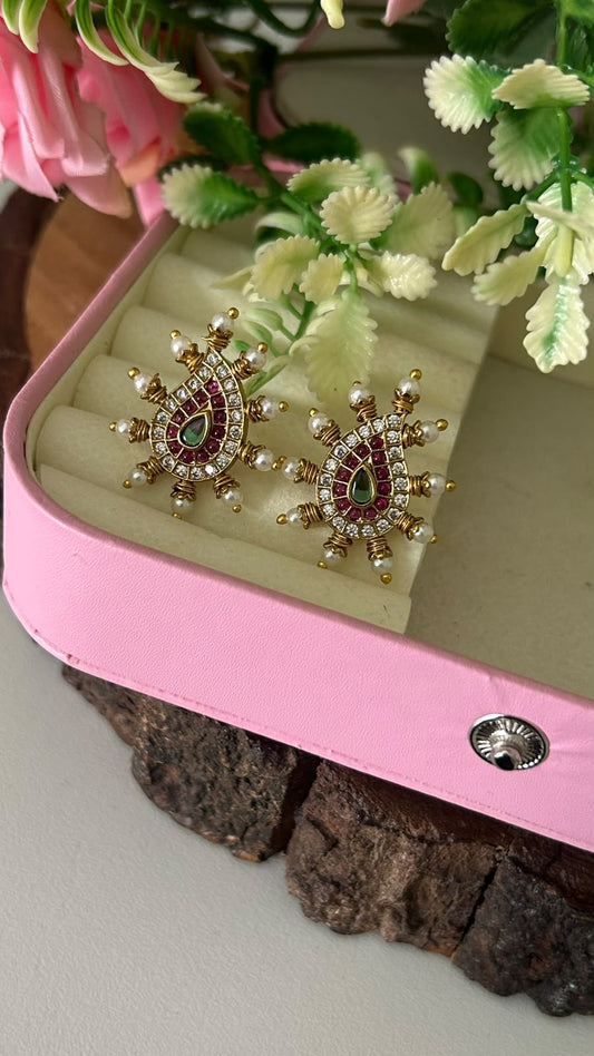 Traditional Kundan Ruby & Emerald Stone Paisley Stud Earrings with Pearl Accents – Pushback Design for Women