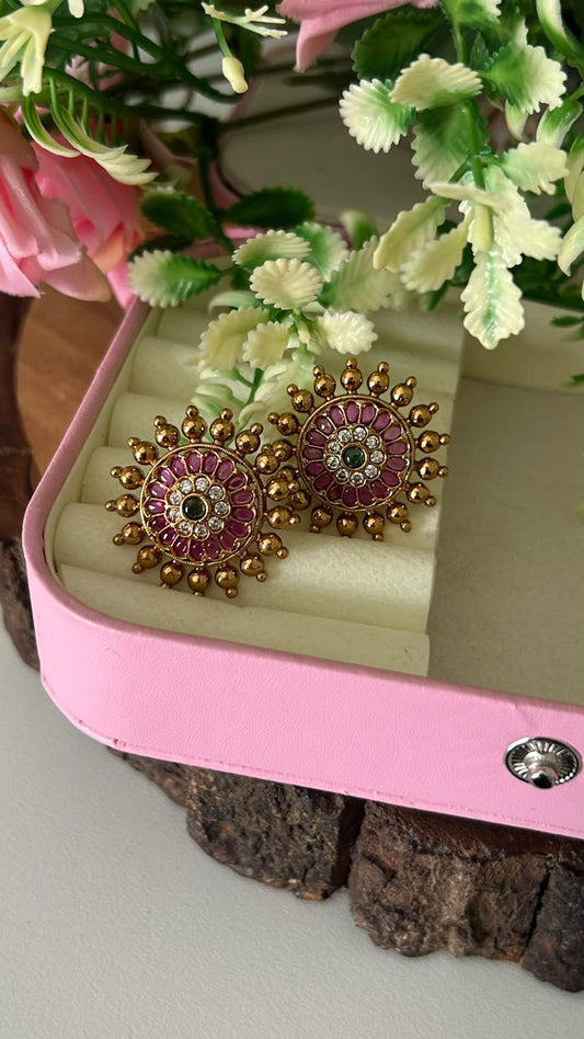 Traditional Antique Gold Polished Kemp Ruby & Green Stone Round Floral Stud Earrings with Gold Bead Accents – Pushback for Women
