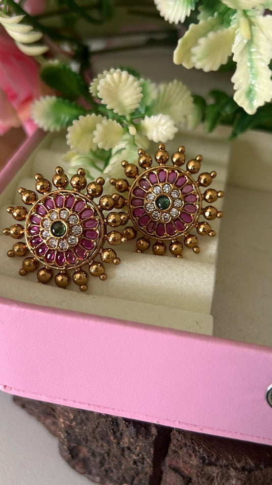 Traditional Antique Gold Polished Kemp Ruby & Green Stone Round Floral Stud Earrings with Gold Bead Accents – Pushback for Women