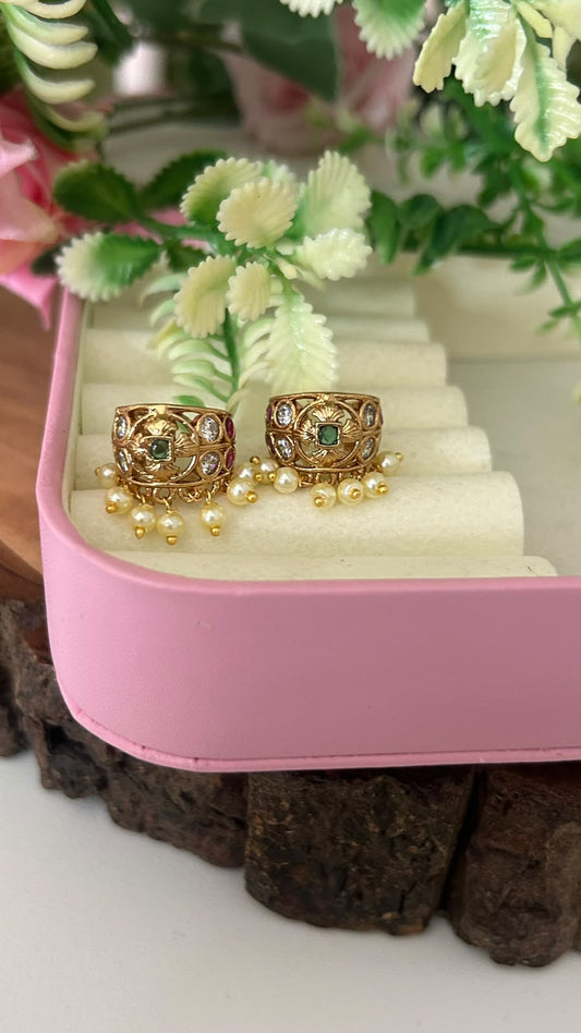 Traditional Antique Gold Polished Ruby Green Kemp Stone Bugadi Earrings with Pearl Drops for Women