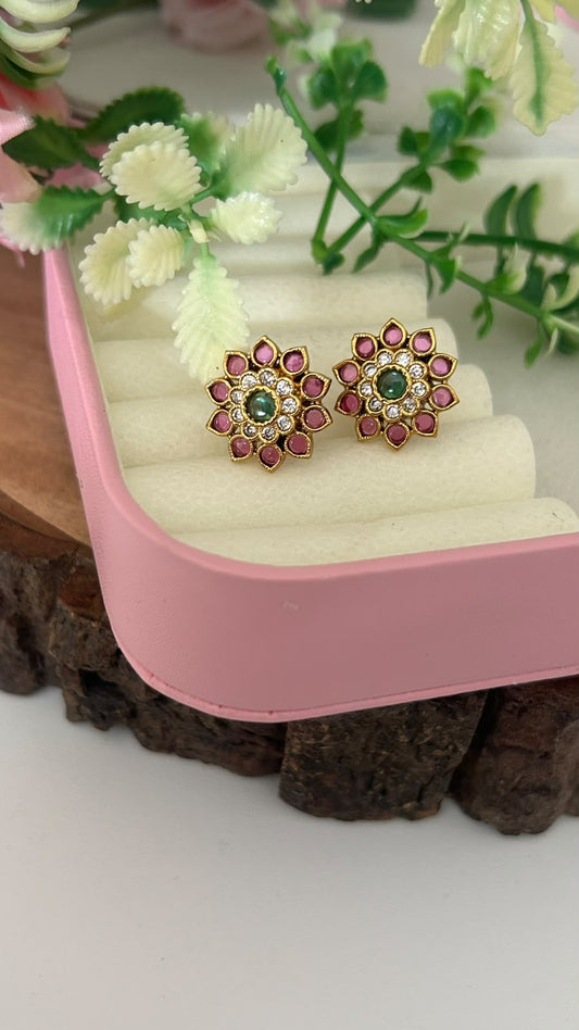 Traditional Antique Kemp Ruby & Emerald Green Stone Floral Stud Earrings with White CZ Stones – Pushback for Women