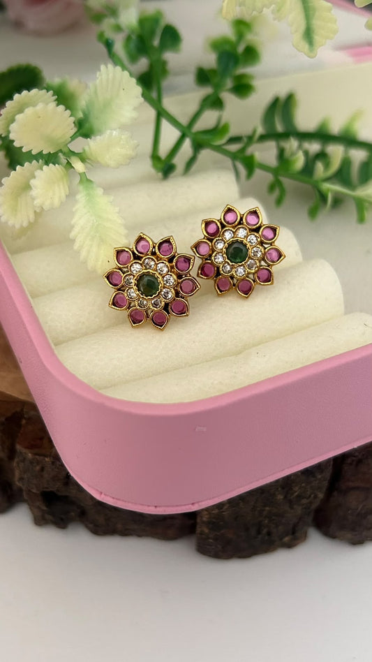 Traditional Antique Kemp Ruby & Emerald Green Stone Floral Stud Earrings with White CZ Stones – Pushback for Women