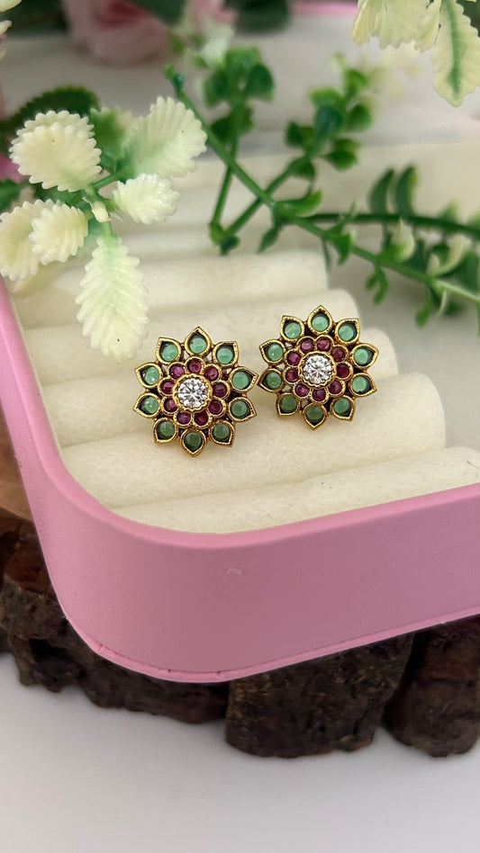 Traditional Antique Emerald Green & Ruby Kemp Stone Floral Stud Earrings with White CZ Solitaire – Pushback for Women