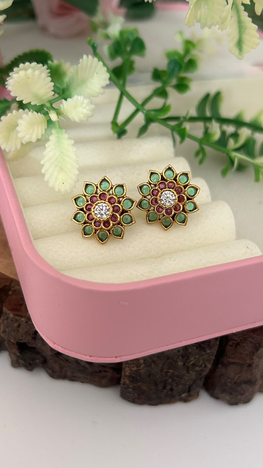 Traditional Antique Emerald Green & Ruby Kemp Stone Floral Stud Earrings with White CZ Solitaire – Pushback for Women