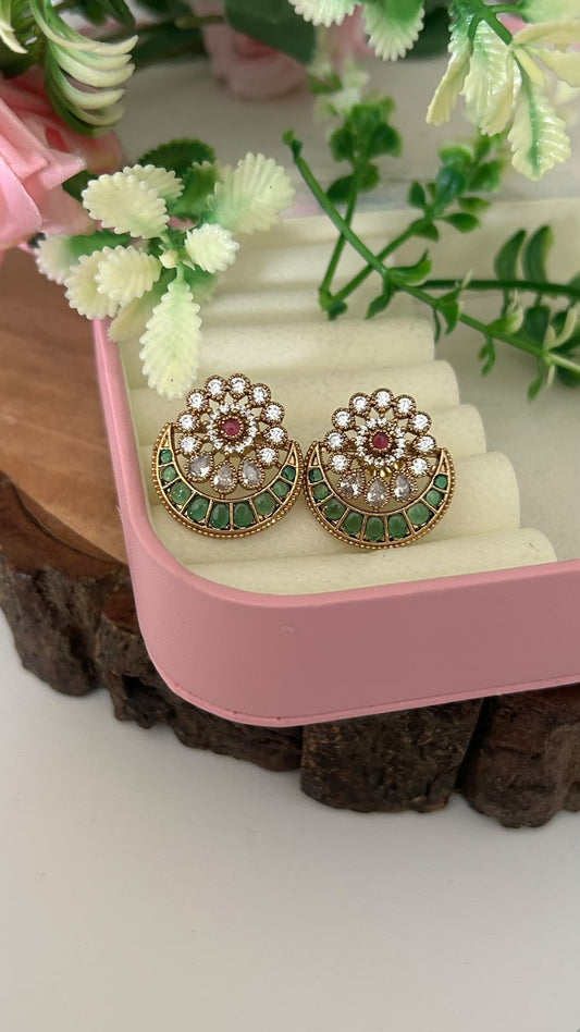 Traditional Chandbali Earrings with Emerald Green, Ruby Kemp & White CZ Stones – Pushback for Women